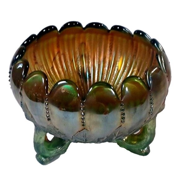 Vintage Northwood Aqua Opal Carnival Glass Leaf & Beads Footed Rose Bowl - Picture 11 of 16